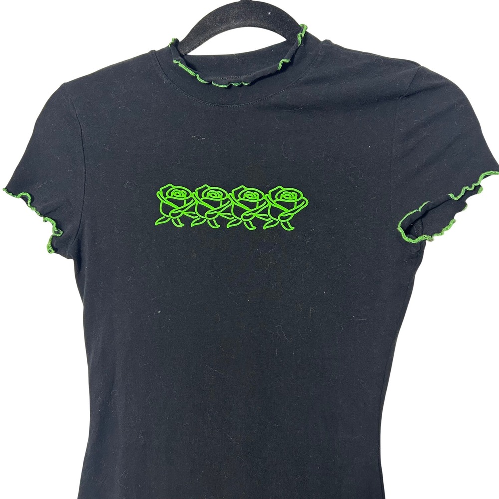 RLAB Black Neon Green Rose Trim Mock Neck‎ Bodycon Mini Dress XS